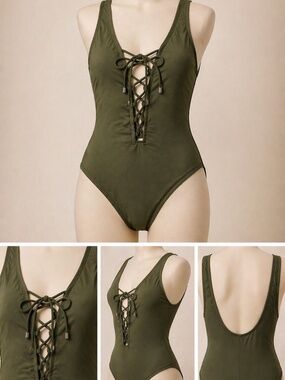 Olive Green Lace-Up One Piece Swimsuit | Plunge Neck Bathing Suit | Minimal Chic